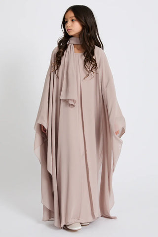 Junior Girls Closed Abaya with Butterfly Cut Chiffon Overlay - Misty Mink