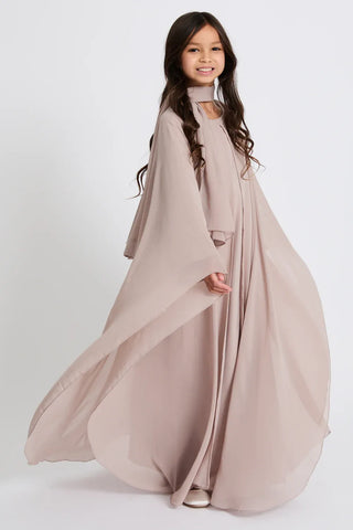 Junior Girls Closed Abaya with Butterfly Cut Chiffon Overlay - Misty Mink