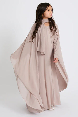 Junior Girls Closed Abaya with Butterfly Cut Chiffon Overlay - Misty Mink