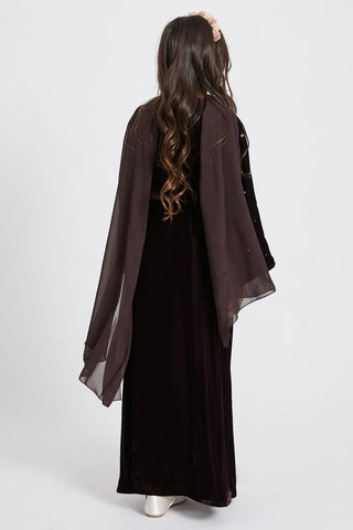 Abaya ouverte en velours de qualité supérieure ornée de motifs étoilés pour jeunes filles - Rich Brown