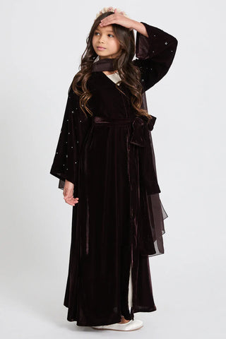 Abaya ouverte en velours de qualité supérieure ornée de motifs étoilés pour jeunes filles - Rich Brown