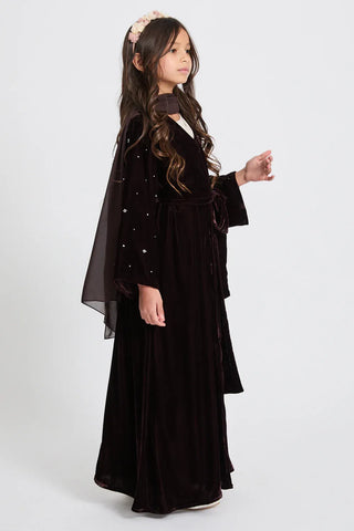 Abaya ouverte en velours de qualité supérieure ornée de motifs étoilés pour jeunes filles - Rich Brown